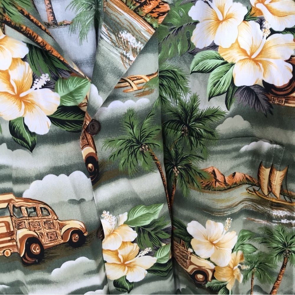 Ky’s aloha shirt, green, tropical,print short sleeve collar SzXL